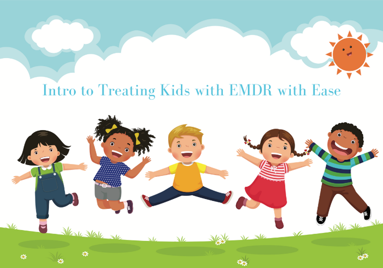 Children outdoors jumping with a bright sun in the sky, under a partly cloudy sky, in a grassy area with small flowers, promoting easy EMDR treatment for kids.